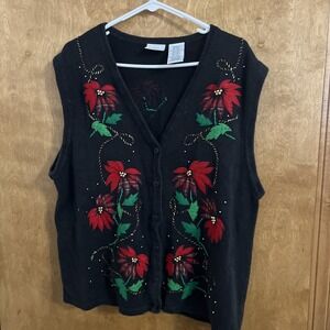 Vtg Bobbie Brooks Womens Plus‎ Sweater Vest Ugly Christmas Poinsettia Black 2XL